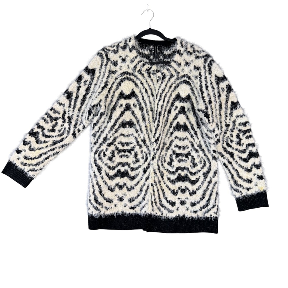 Allie & Rob Fuzzy‎ Zebra Print Sweater Cardigan Womens XL Soft Hairy Knit Y2K